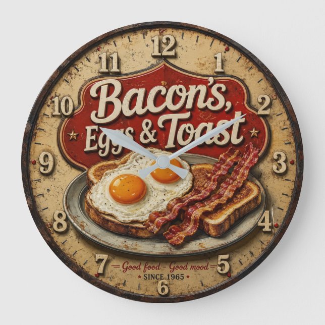 Relógio Grande Bacon Eggs & Toast Rustic Farmhouse Kitchen (Frente)