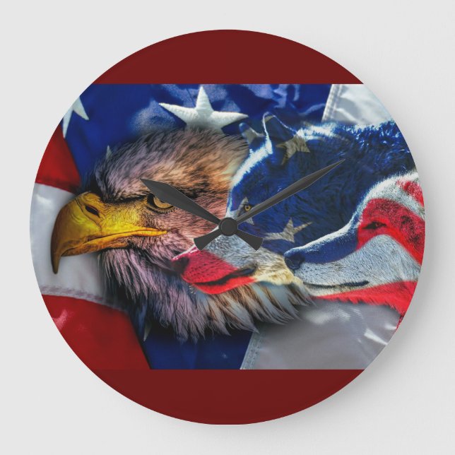 Relógio Grande Bald Eagle Wolf American Flag (Frente)