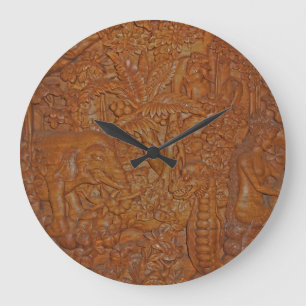 Relógio Grande Bali Wood Carving Wall Clock