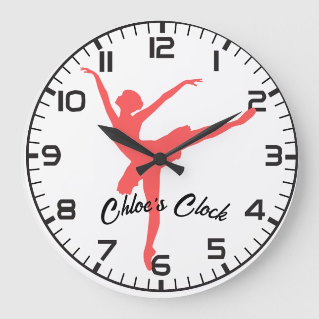 Relógio Grande Ballerina rosa. Nome personalizável. (Frente)