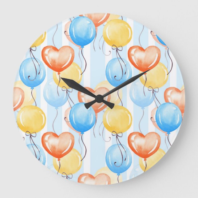 Relógio Grande Balões coloridos: padrão uniforme de aquarela. (Frente)