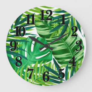 Relógio Grande Banana Monstera Palm - Folhas Tropicais Verdes