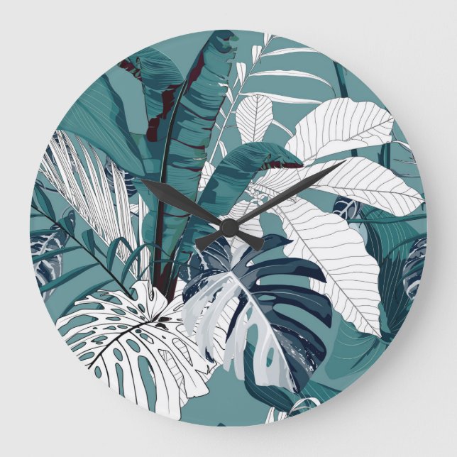 Relógio Grande Bananas Tropicais Monstera: Sem Costura Modestável (Frente)