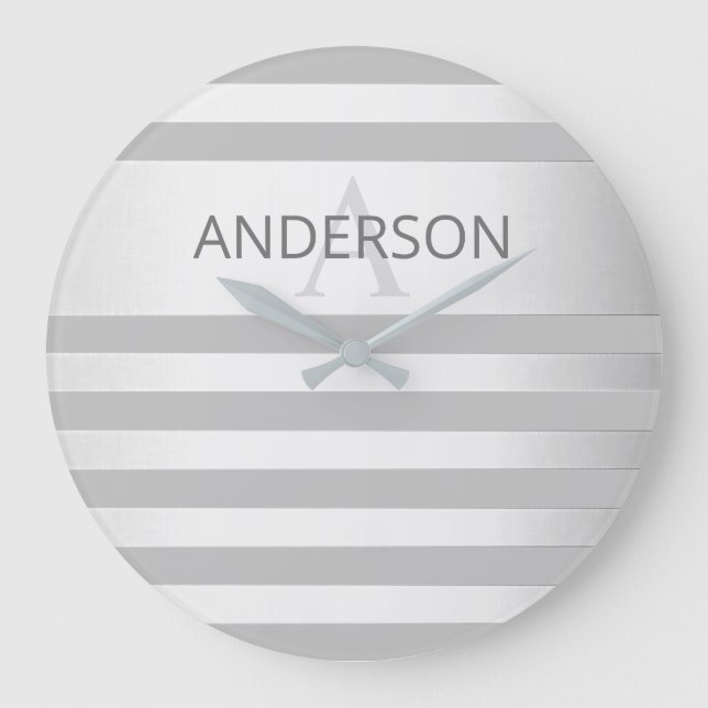 Relógio Grande Bandas de Ombre Silver Faux Contemporâneas e Cinza (Frente)