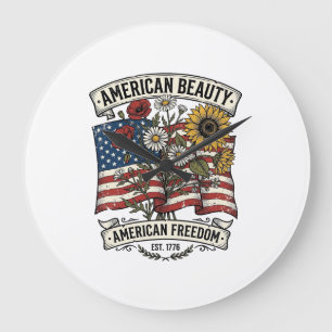 Relógio Grande Bandeira Floral American Beauty Patriótica