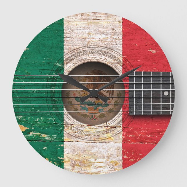 Relógio Grande Bandeira mexicana na antiga guitarra acústica (Frente)