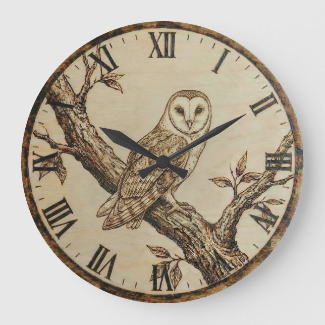 Relógio Grande Barn Owl Wall Clock – Rustic Wood Decor (Frente)