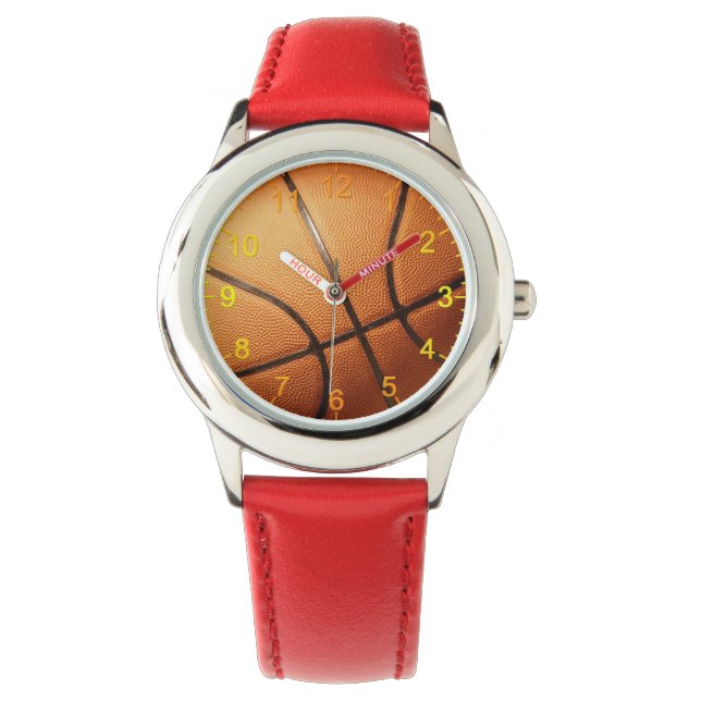 Relógio Grande Basquete Laranja, Kids Leather Watch (Frente)