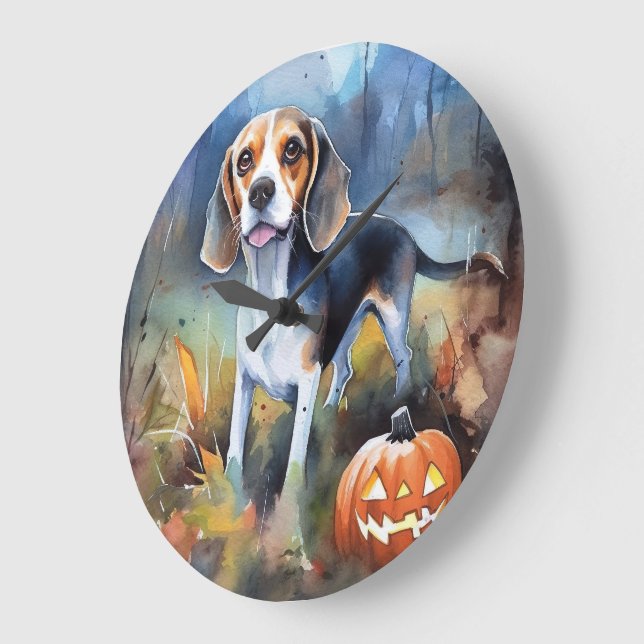 Relógio Grande Beagle de Halloween com Abóboras Assustador (Ângulo)