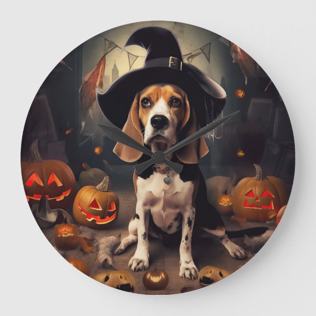 Relógio Grande Beagle Pumpkins Halloween Assustado (Frente)