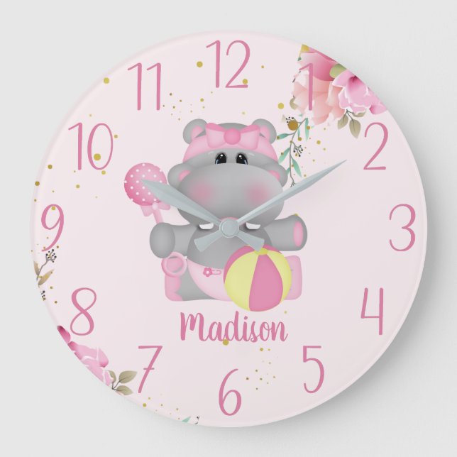 Relógio Grande Bebê Cute Personalizado Hippo Floral Grande Relógi (Frente)