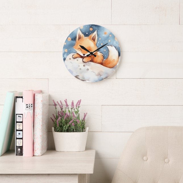 Relógio Grande Bebê Raposa Dormindo Na Lua Aquarela Crianças  (Sala de leitura)