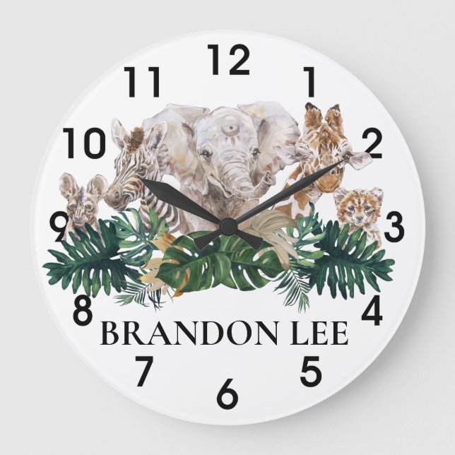 Relógio Grande Bebês da Selva Safari Elefante Africano Personaliz (Frente)