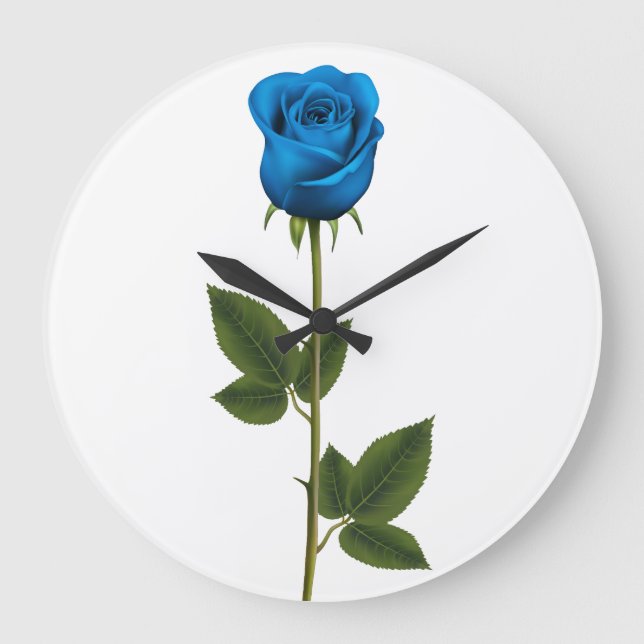 Relógio Grande Bela Rosa Azul com Caule e Folhas (Frente)