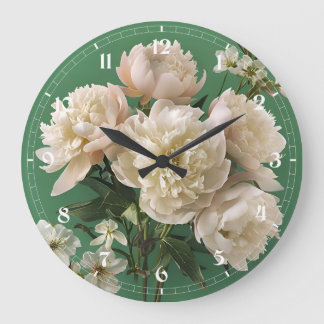 Relógio Grande Belas Peônias Brancas e Rosas em Fundo Verde