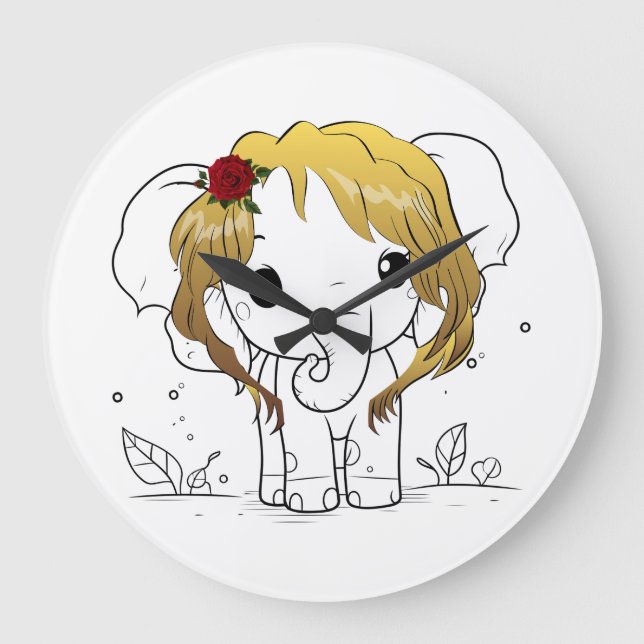 Relógio Grande Belo elefante bebê fêmea com cabelo amarelo (Frente)