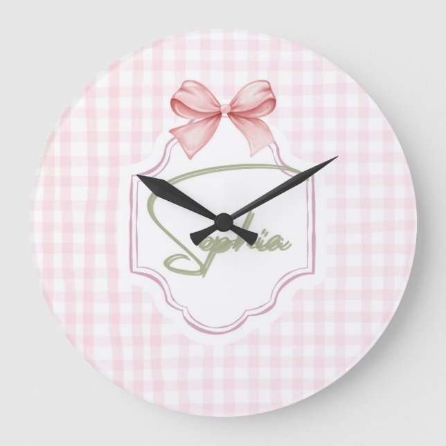 Relógio Grande Berço Personalizado Menina Sophia Bow&Gingham (Frente)