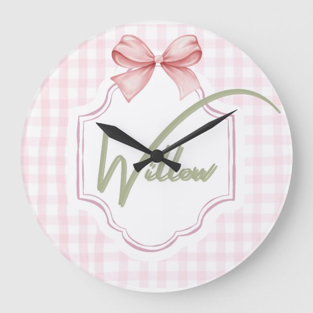 Relógio Grande Berço Personalizado para Menina com Bow&Gingham de (Frente)