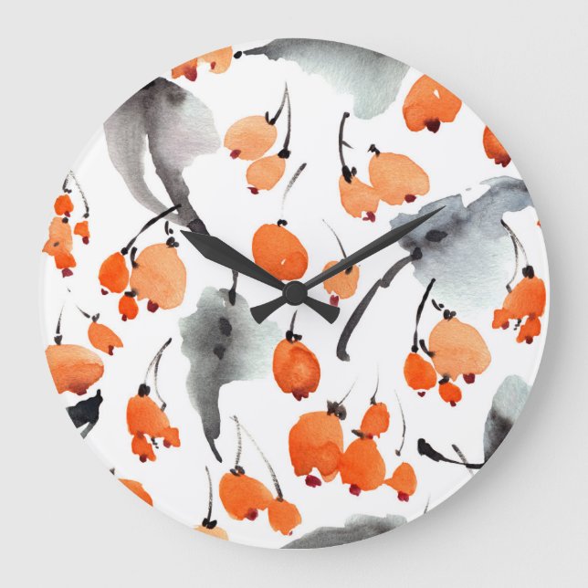 Relógio Grande Berries, folhas de aquarela, ilustração com tinta, (Frente)