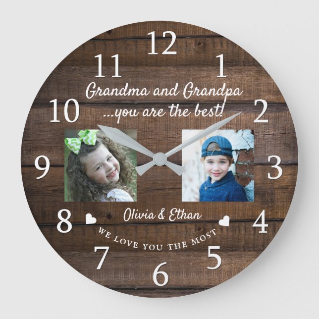Relógio Grande Best Grandma and Grandpa Grandkids 2 Photo Wood  (Frente)