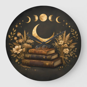 Relógio Grande Biblioteca Mística Dourada & Arte Boho Botânica da