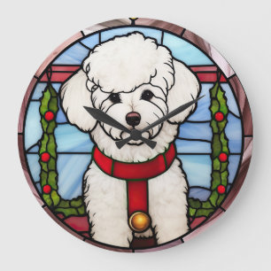 Relógio Grande Bichon Frise Vidro de Cor Christmas