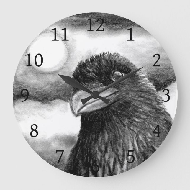 Relógio Grande Bird 64 Crow Raven Moon Black White (Frente)