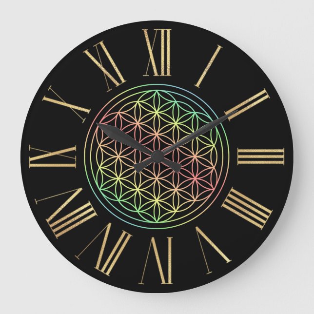 Relógio Grande Black and Gold Rainbow Flower of Life (Frente)