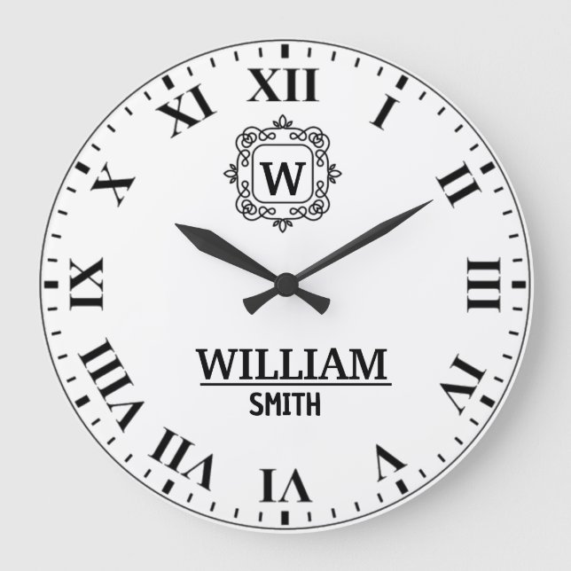 Relógio Grande Black and white Roman numeral classic monogram (Frente)