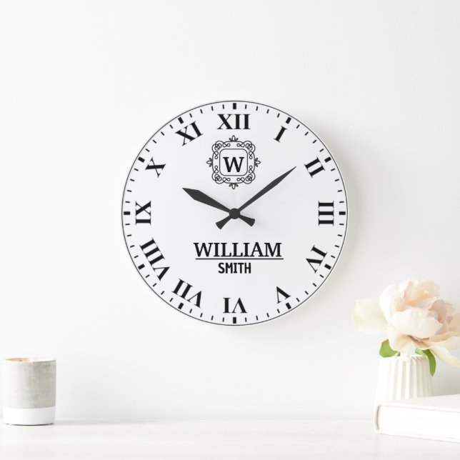 Relógio Grande Black and white Roman numeral classic monogram (Lar)