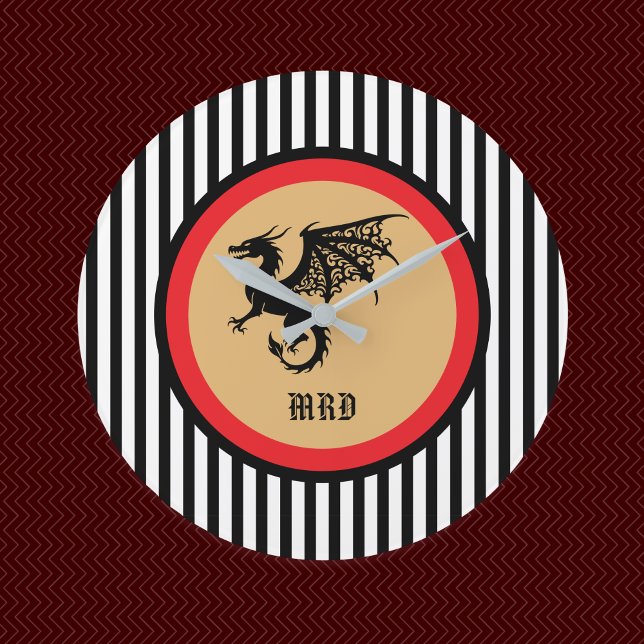 Relógio Grande Black Dragon with Monogram n Black White Stripes   (Criador carregado)