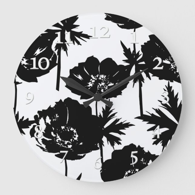 Relógio Grande Black flowers, white, Monochrome (Frente)