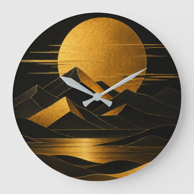 Relógio Grande Black & Gold Art Deco Mountain Landscape Clock (Frente)