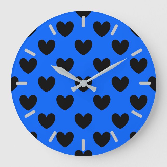 Relógio Grande Black polka hearts on blue (Frente)