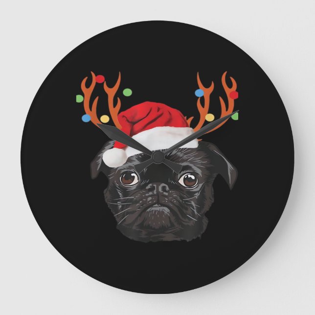 Relógio Grande Black Pug Santa Christmas Reindeer Christmas Light (Frente)