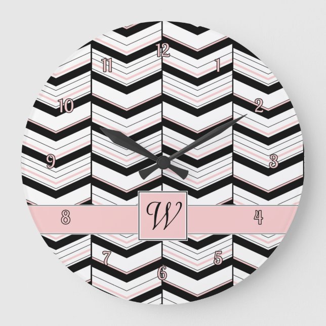 Relógio Grande Black White and Blush Chevron Clock (Frente)