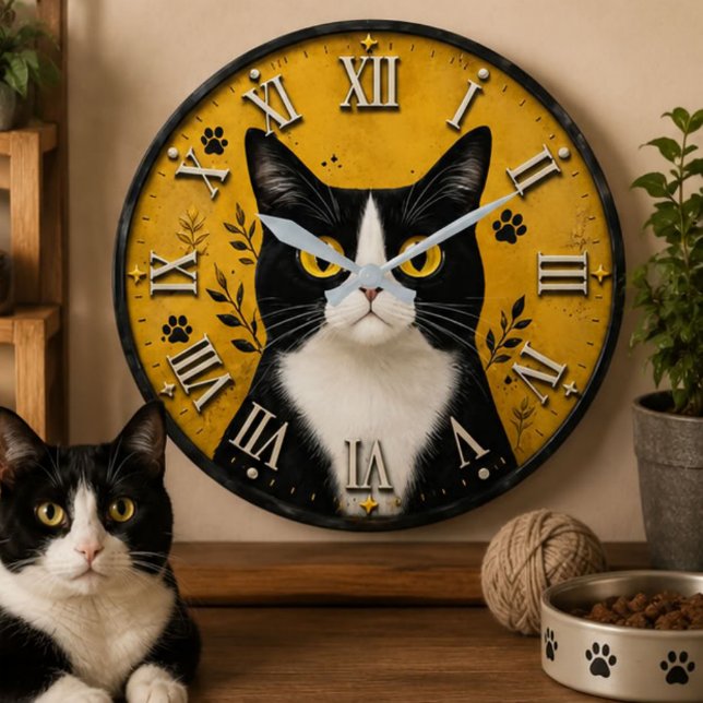 Relógio Grande Black & White Tuxedo Cat Home Decor (Criador carregado)
