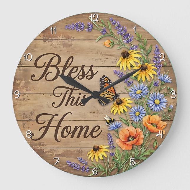 Relógio Grande Bless This Home Meadow Butterfly (Frente)