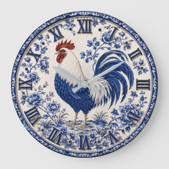 Relógio Grande Blue Delft Rooster Farmhouse (Frente)