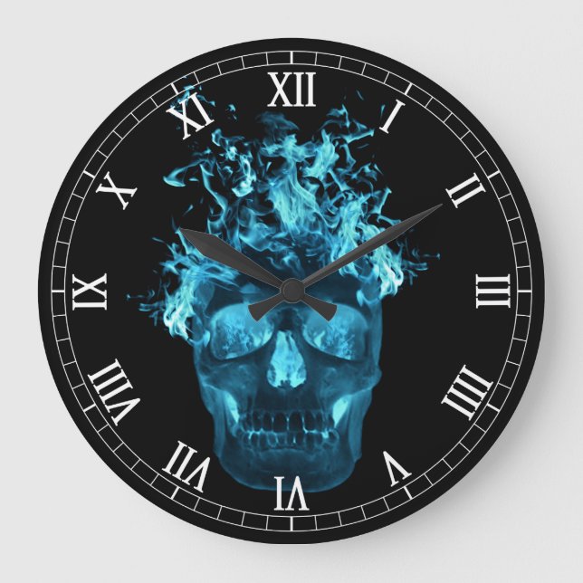 Relógio Grande Blue Flaming Skull Round Roman Numerals Clock (Frente)