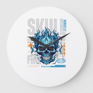 Relógio Grande Blue Flaming Skull Streetwear Design | Cyberpunk G