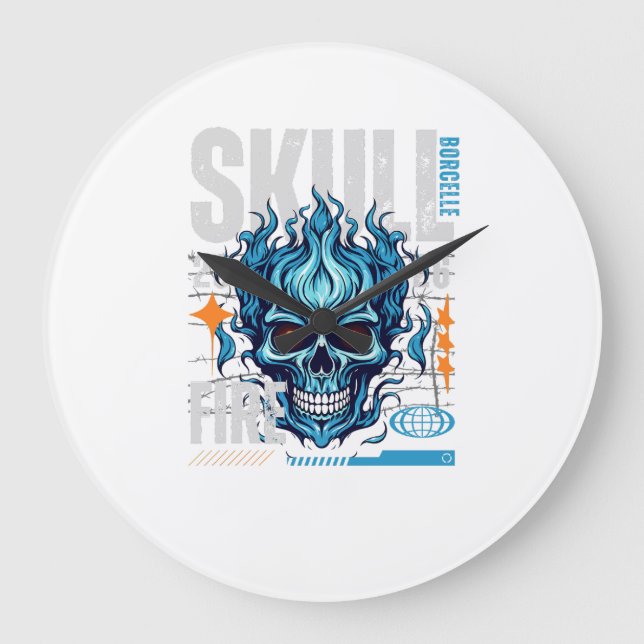 Relógio Grande Blue Flaming Skull Streetwear Design | Cyberpunk G (Frente)