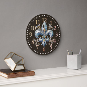 Relógio Grande Blue Fleur de Lys Wall Clock