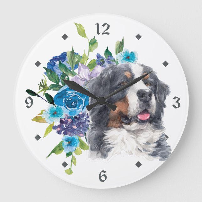 Relógio Grande Blue Floral Buquê Bernese Mountain Dog (Frente)