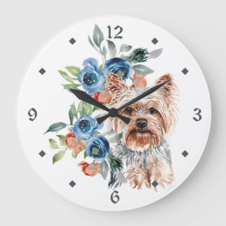 Relógio Grande Blue Floral Buquê Yorkshire Terrier Dog