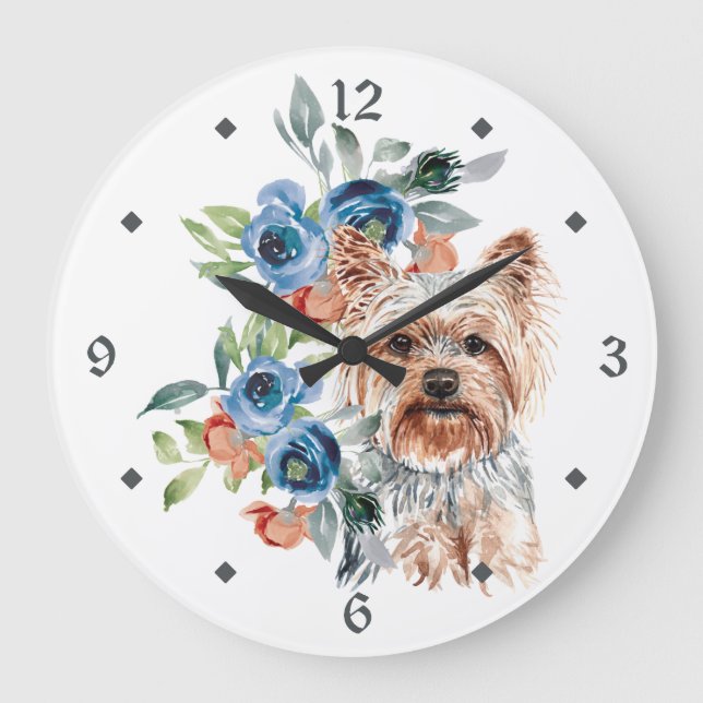 Relógio Grande Blue Floral Buquê Yorkshire Terrier Dog (Frente)