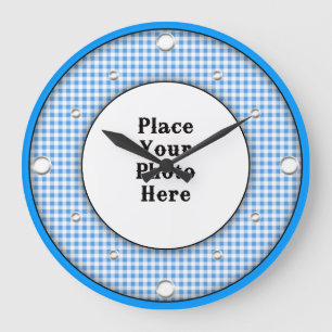 Relógio Grande Blue Gingham Frame Your Photo Wall Clock