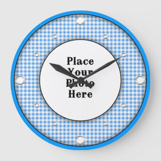 Relógio Grande Blue Gingham Frame Your Photo Wall Clock