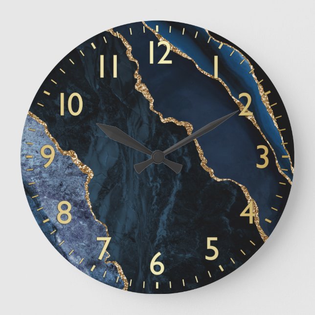 Relógio Grande Blue & Gold Faux Glitter Marble Agate (Frente)
