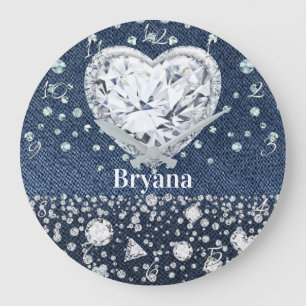 Relógio Grande Blue Jean Denim & Diamantes Brilho Coração de Diam